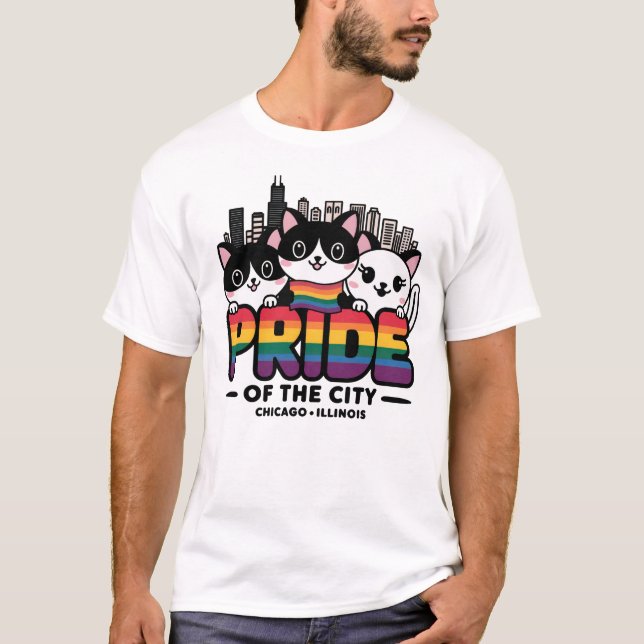 Camiseta Orgulho da Cidade de Chicago Illinois EUA Rainbow  (Frente)
