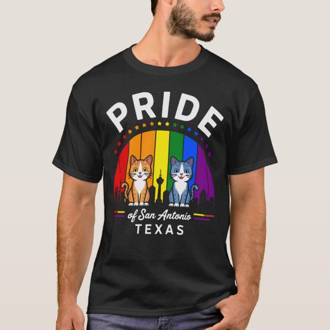 Camiseta Orgulho de San Antonio City Texas EUA Rainbow Flag (Frente)