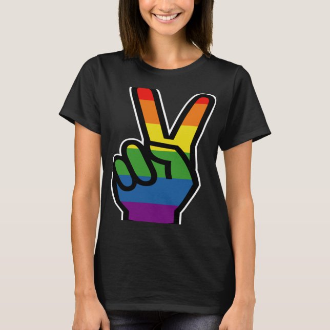 Camiseta Orgulho de Sinais de Paz em Mão Arco-Íris (Frente)