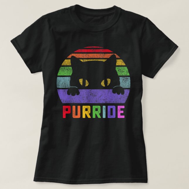Camiseta Orgulho Gato Purride Gay LGBTQ Sinalizador Arco-Ír (Frente do Design)