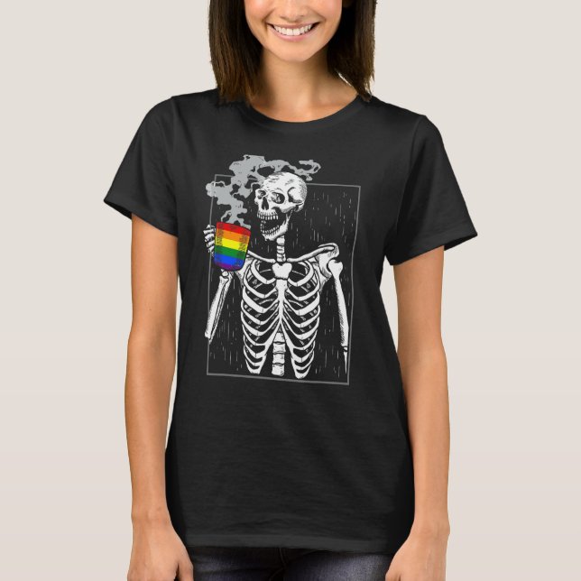 Camiseta Orgulho gay Mês De Café De Bebendo De Esqueleto Q  (Frente)