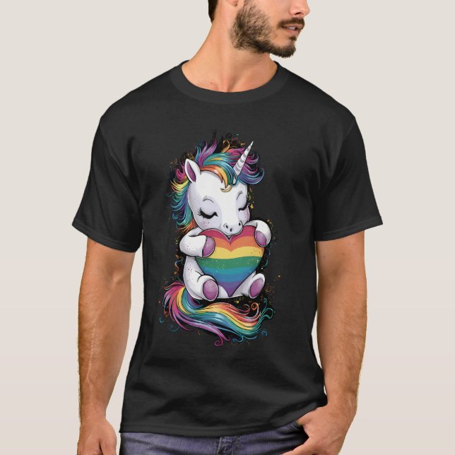 Camiseta Orgulho gay Unicorn Heart Rainbow Flag Lgbt (Frente)