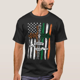 Camiseta Orgulho Irlandês Celtic Cross Ireland & USA Flag R