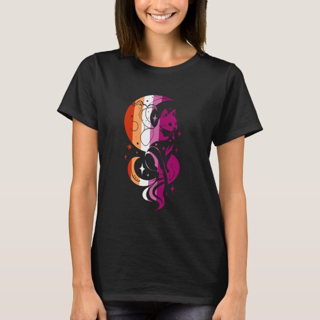Camiseta Orgulho Lésbico Gato Celestial Lua Desenho Místico (Frente)