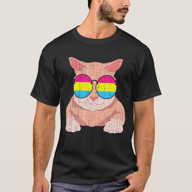 Camiseta Orgulho Lgbt Mês Cat Óculos de sol Bandeira Panorâ (Frente)