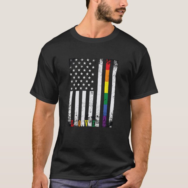Camiseta Orgulho LGBTQ Mês do Rainbow Flag Americano Love (Frente)