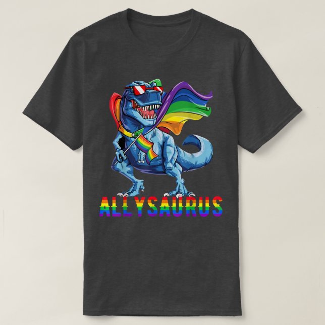 Camiseta Orgulho Mês 2022 Allysaurus Dinosaur Rainbow Flag (Frente do Design)