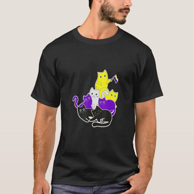 Camiseta Orgulho Não-Binário Gato de Sinalizador Não-Binári (Frente)