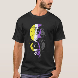 Camiseta Orgulho Não Binário Gato Lua Estrelas LGBTQ Estilo