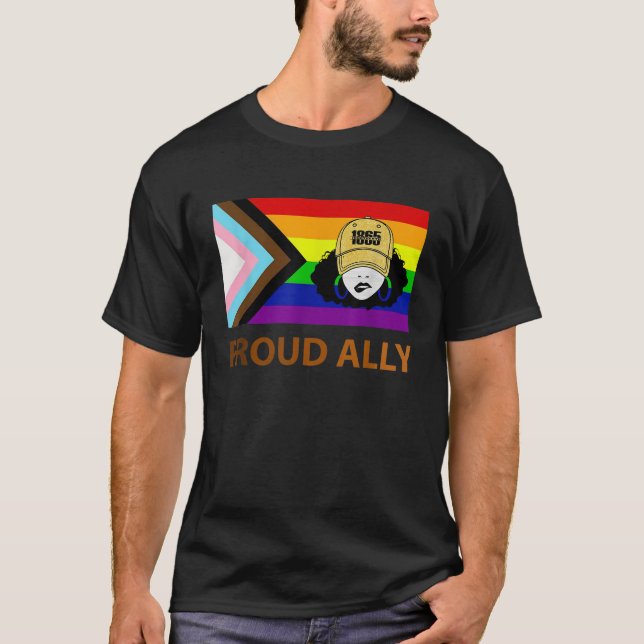 Camiseta Orgulhosa Ally 1865 Juntetizando Negra Rainbo LGBT (Frente)
