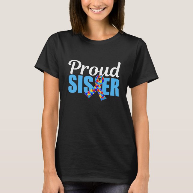 Camiseta Orgulhosa Irmã do Autismo Fita Azul de Conscientiz (Frente)