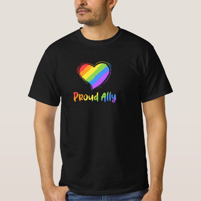 Camiseta Orgulhoso Ally LGBT Rainbow Heart Orgulho gay Mês (Frente)