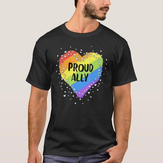 Camiseta Orgulhoso Ally Rainbow Flag Spray Of Hearts Orgulh (Frente)