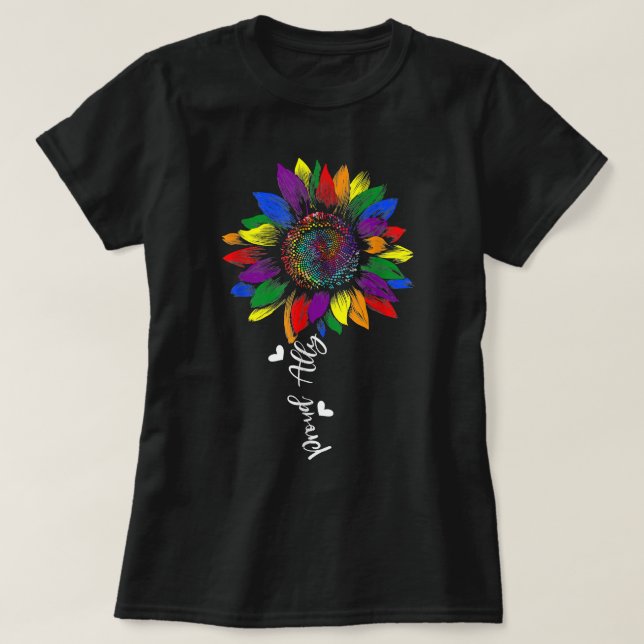 Camiseta Orgulhoso Ally Rainbow Sunflower LGBT Gay Lésbica  (Frente do Design)