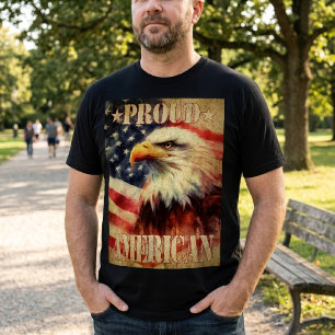 Camiseta Orgulhoso Americano. Águia Americana e Bandeira do