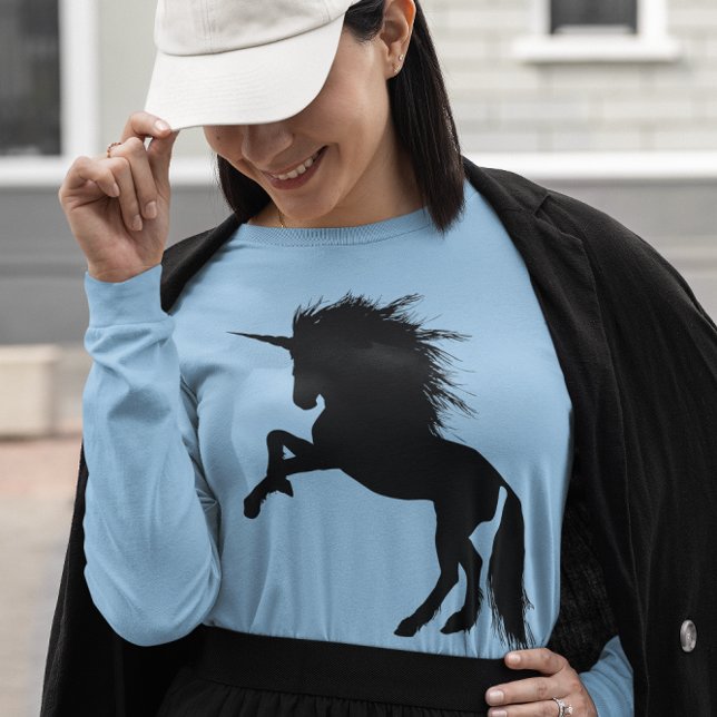 Camiseta Orgulhoso Black Unicorn Silhouette Fantasy Animal, (Black Unicorn Silhouette Animal Womens Long Sleeve T-Shirt)