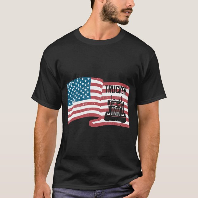 Camiseta Orgulhoso Caminhoneiro Americano Bandeira 4 De Jul (Frente)