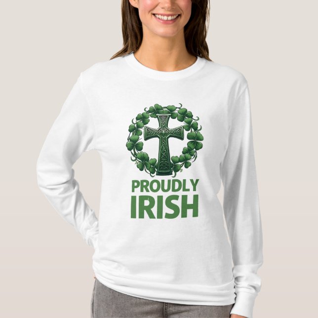 Camiseta Orgulhoso irlandês - Celtic Cross Shamrock Design (Frente)