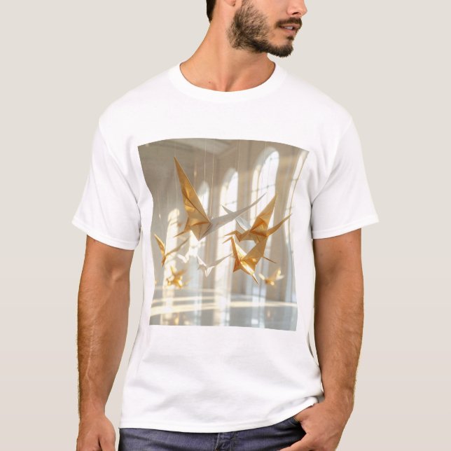 Camiseta Origami Flight – Suspended Paper Birds in Sunlit  (Frente)