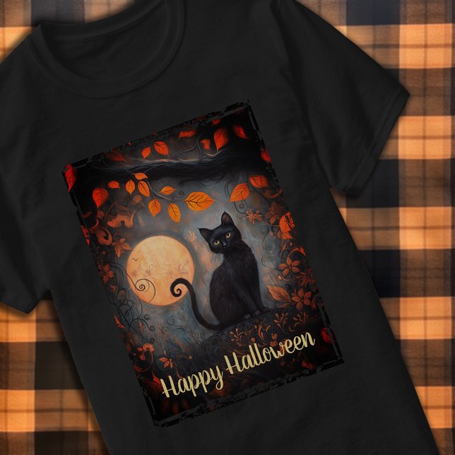 Camiseta Ornamentado de arte de lua preto feliz no dia das  (Happy Halloween Black Cat Full Moon Art Ornate Adult T-Shirt)
