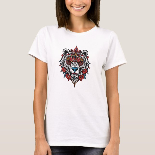 Camiseta Ornamentado Tribal Bear Hoodie com Detalhes Florai (Frente)