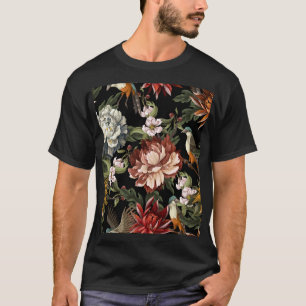 Camiseta Ornamentado Vintage Peonies, Rosas, Aves.