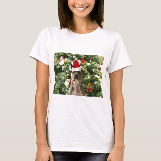 Camiseta Ornamento de Árvores de Natal do Cão Pitbull Snowm (Frente)