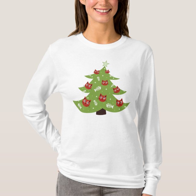 Camiseta Ornamento De Gatos E Peixes Árvores De Natal Longa (Frente)