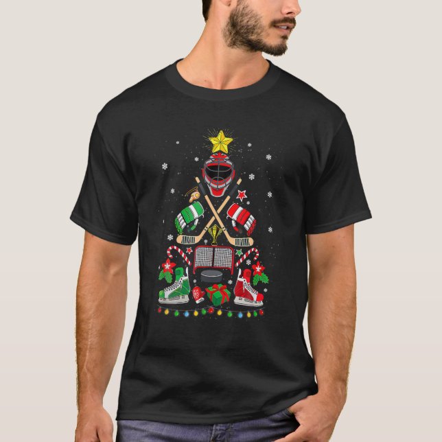 Camiseta Ornamentos de Árvores de Natal de Hockey Engraçado (Frente)