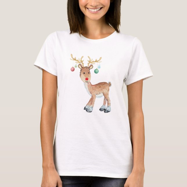 Camiseta Ornamentos de Rudolph Reindeer Cute Antlers Natal (Frente)