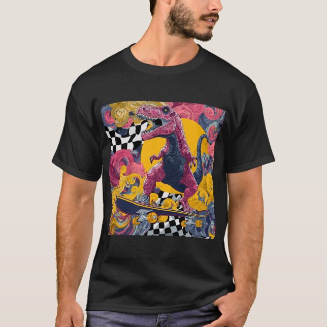 Camiseta Ornate Pink T-Rex Skateboarding (Frente)
