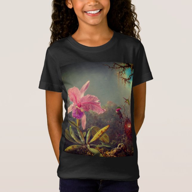 Camiseta Orquídea de Cattleya e três beija-flores (Frente)