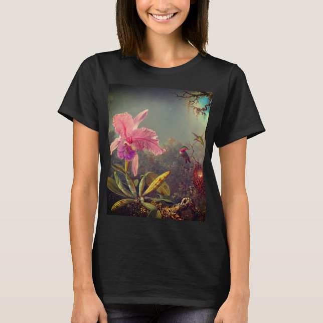 Camiseta Orquídea de Cattleya e três beija-flores (Frente)