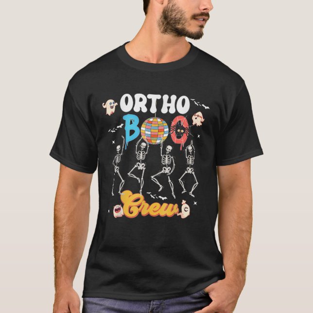 Camiseta Ortopedia Halloween Boo Crew Dance Skeleton (Frente)