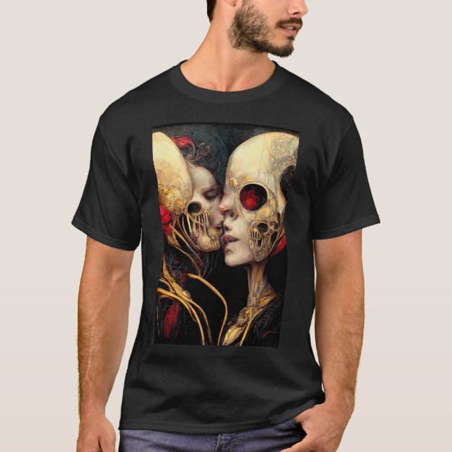 Camiseta os amantes, crânios beijando (Frente)