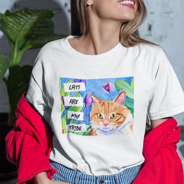 Camiseta Os gatos são a minha tribo | Laranja Gato e Flores (Criador carregado)