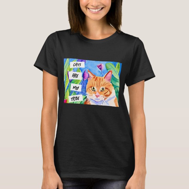 Camiseta Os gatos são a minha tribo | Laranja Gato e Flores (Frente)