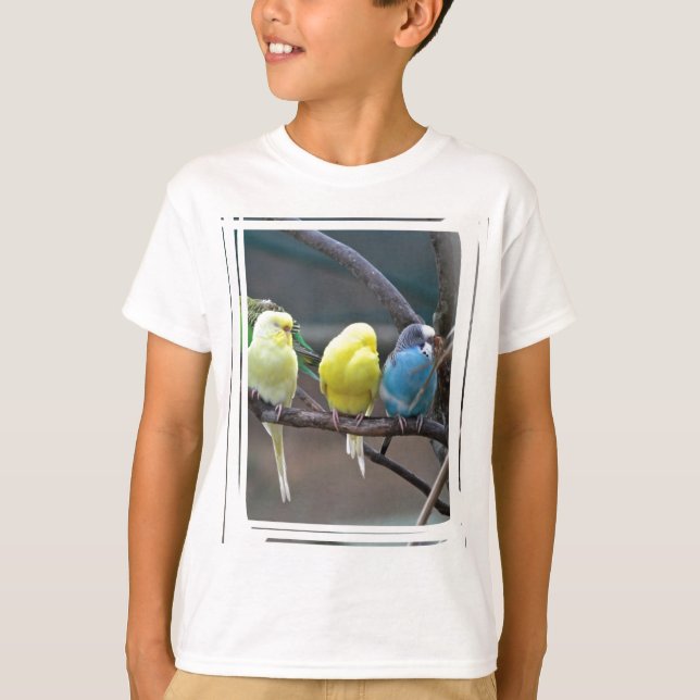 Camiseta Os Parakeets coloridos brilhantes Budgies repetem (Frente)