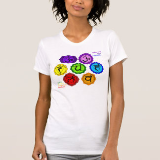 CAMISETA OS SÍMBOLOS DA IOGA REIKI SETE CHAKRAS ETIQUETARAM