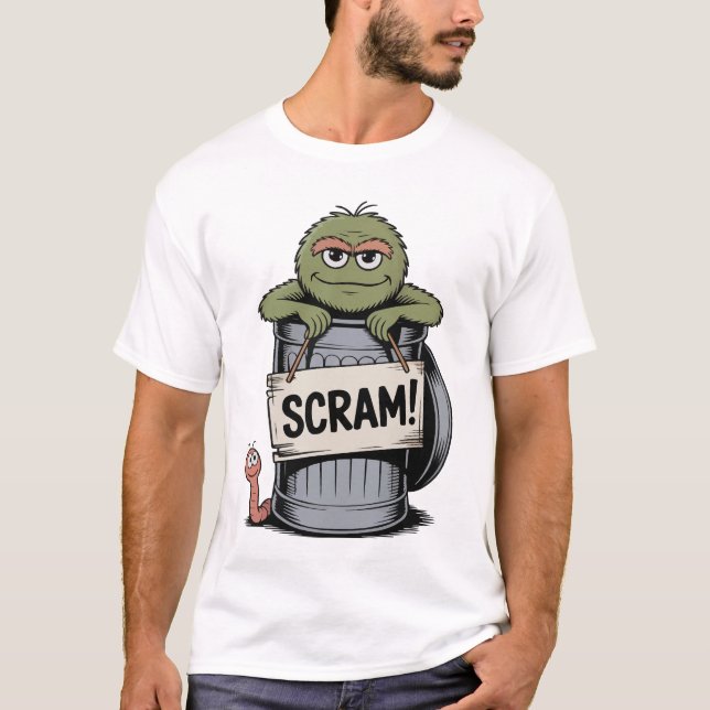 Camiseta Oscar, o Grouch "Scram!" Lixo Engraçado Lata T-Shi (Frente)