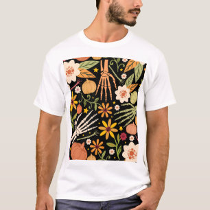 Camiseta Ossos de Halloween, padrão floral uniforme.