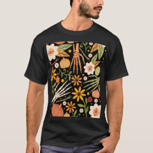 Camiseta Ossos de Halloween, padrão floral uniforme.