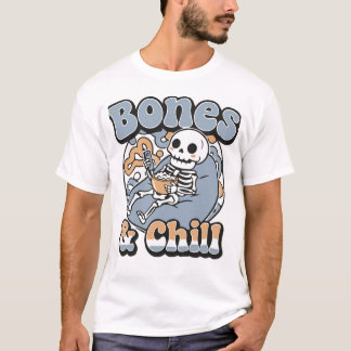 Camiseta Ossos e Chill Esqueleto Divertido Relaxando no Sac