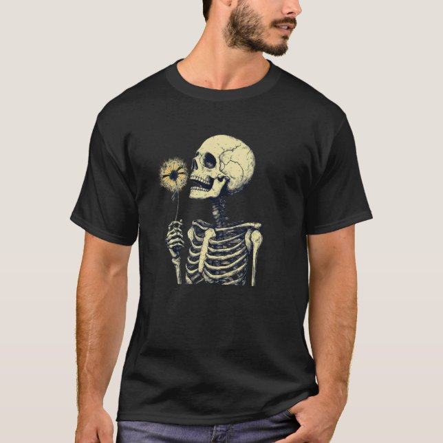 Camiseta Ossos e Flores na Brisa para Dândi Esqueleto (Frente)