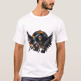 Camiseta Ossos e magia, esqueleto com dados místicos.