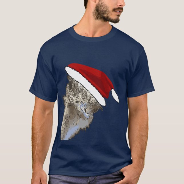 Camiseta Ostrich Vestindo Santa Hat Zoo de Natal (Frente)
