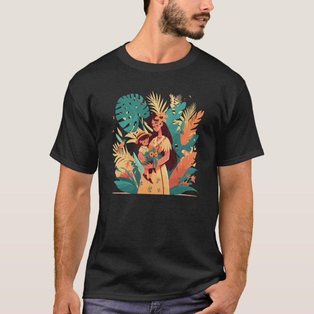 Camiseta Ótima Ilustração Tropical De Uma Mãe Com Seu Dau (Frente)