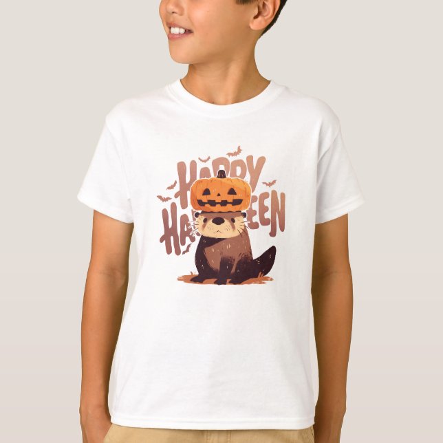 Camiseta Otter Adorável com Chapéu de Pumpkin - Feliz Dia d (Frente)