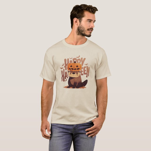 Camiseta Otter Adorável com Chapéu de Pumpkin - Feliz Dia d (Frente Completa)