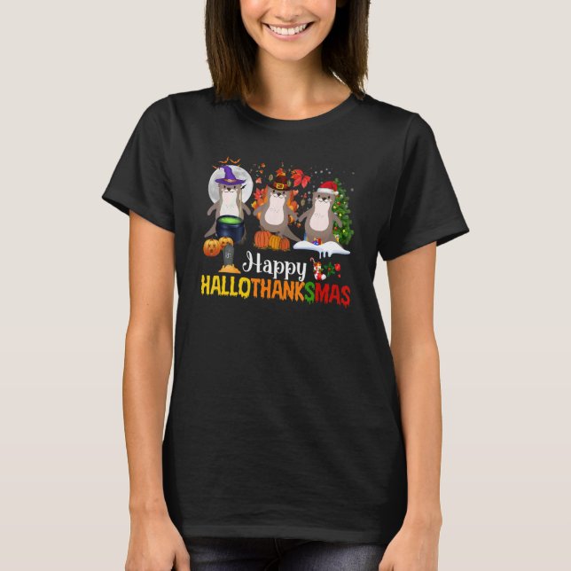 Camiseta Otter Halloween Pup Christmas Feliz Hallothanksmas (Frente)